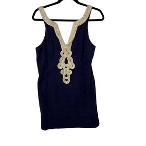 Lilly Pulitzer Navy Eyelet Dress Gold Trim Sleeveless Women's Size 8